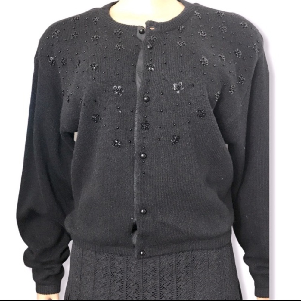 Vintage Liz Wear Beaded Cardigan Sweater Lambswool Black   
Lined size L
